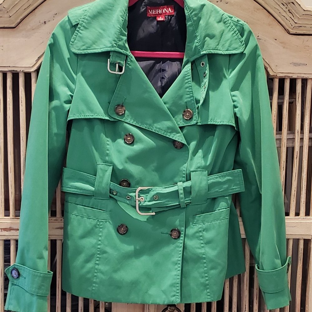 Merona Green Trench Coat with Belted Waist and Wide Lapels